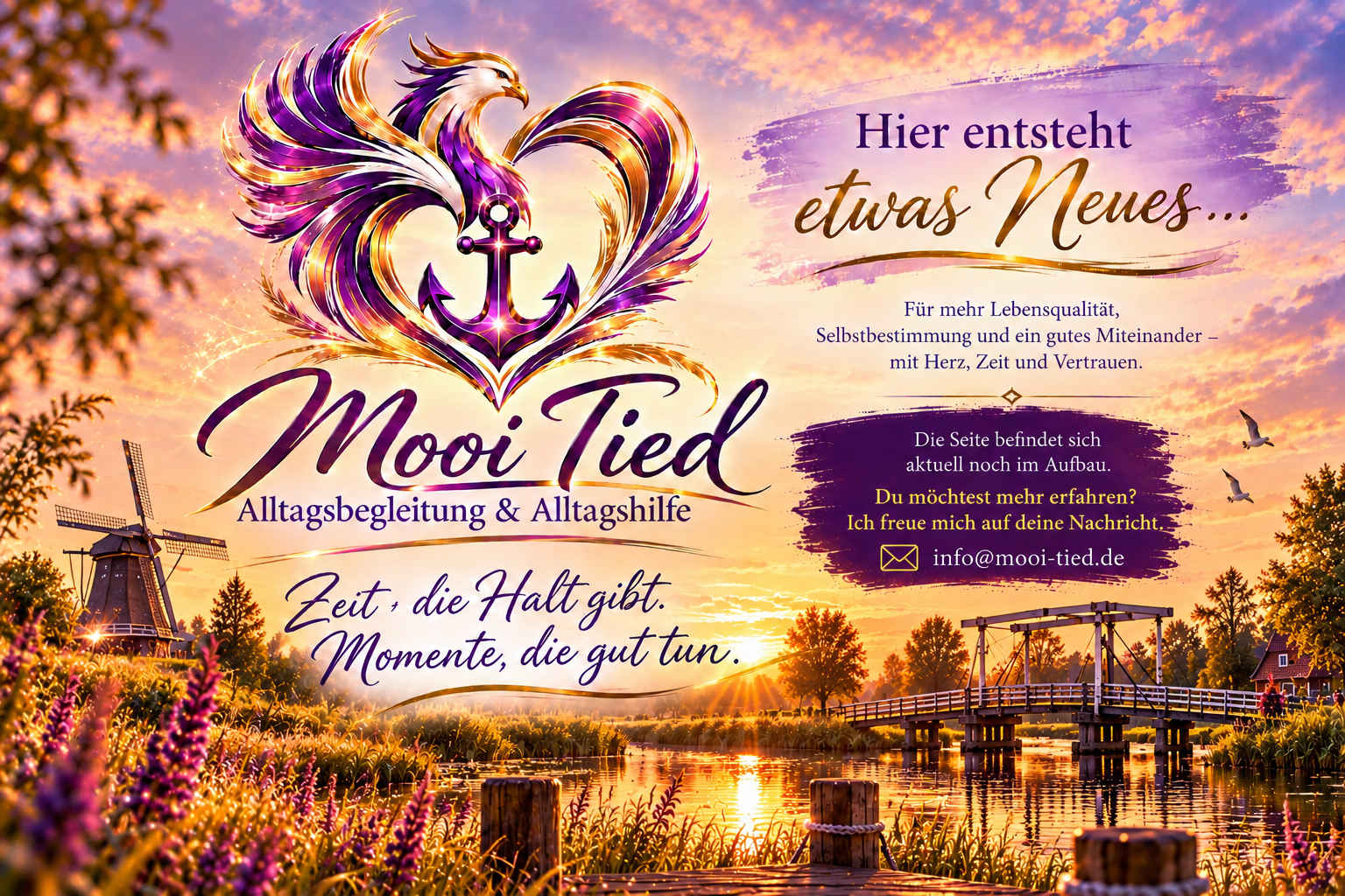 Mooi Tied – Alltagsbegleitung und Alltagshilfe. Hier entsteht etwas Neues. Zeit, die Halt gibt. Momente, die gut tun. Die Seite befindet sich noch im Aufbau. Kontakt: info@mooi-tied.de